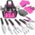 THINKWORK Pink Garden Tools, Gardening Gifts for Women, with 2 in 1 Detachable Storage Bag, Trowel, Transplanter, Rake, Weeder, Cultivator, Purning Shears and 3 Additional Protection Tools